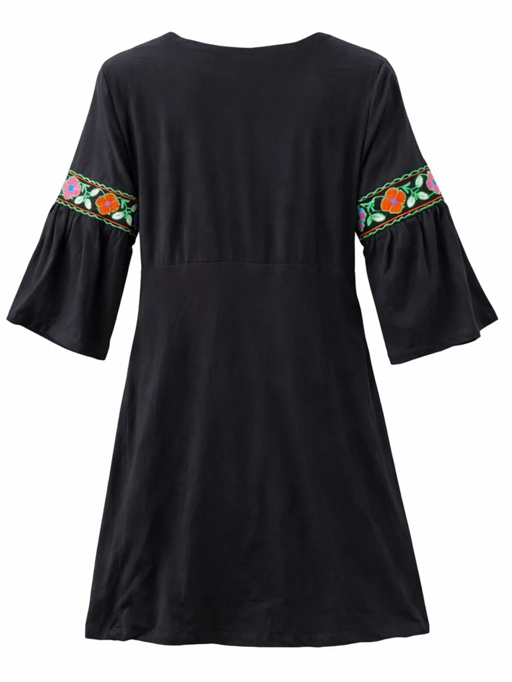 Black Embroidered Boho Dress Floral Trim Bell Sleeve Mini - Picture 2 of 3